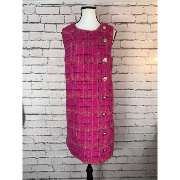Entro Pink Plaid Tweed Scalloped Mini Dress 1990’s Y2K Gold Buttons size Large - Picture 1 of 10